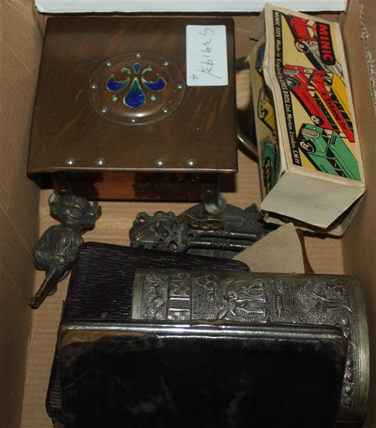 Boxed Tri Ang car, copper & coloured enamel box etc